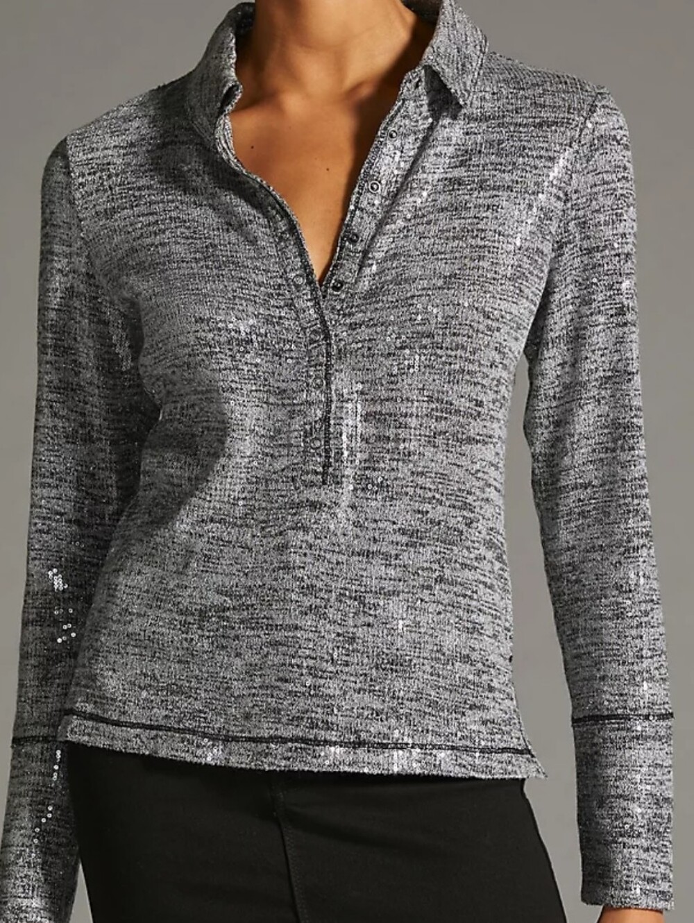 Pilcro Silver Sequin Collared Long-Sleeve Top
